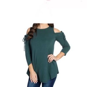 Kate & Mallory French Terry Knit Cold Shoulder Evergreen Color Top